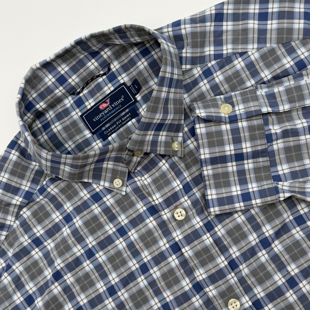 Vineyard Vines Performance Shirt Mens Large Blue Grey Plaid Classic Fit 1W010596